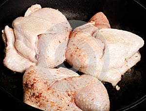 Chicken with spices fried in a pan. Selective focus. Toned