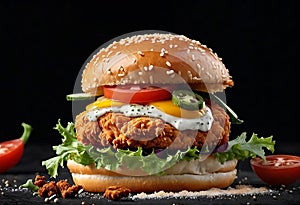 Chicken spicy juicy burger, fast food. Advertising banner for bar, restaurant, cafeteria