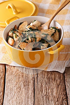 Chicken with spinach in a pan close-up. vertical