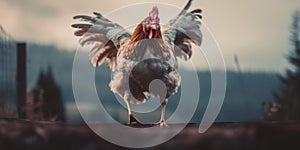 A chicken standing on top of a roof. Generative AI image.