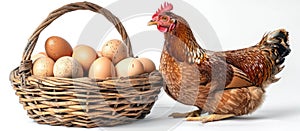 Chicken Stands by Basket of Eggs