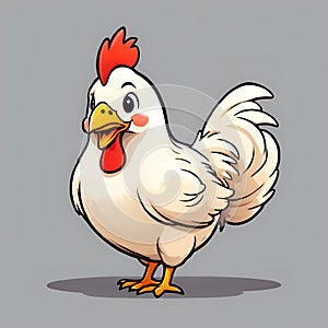 a chicken stands, wearing white with a red comb and eyes