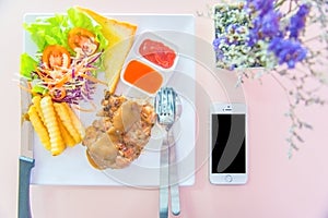 Chicken steak and flower and mobile