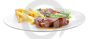 Chicken steak and french fried plate on white background