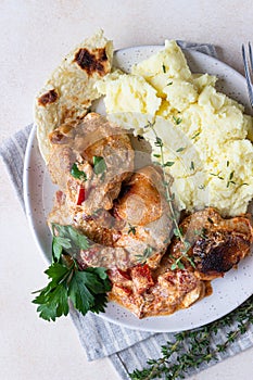 Chicken stew with sweet paprika and sour cream. Paprikash, traditional Hungarian dish. Balkanian cuisine. Autumn or winter comfort