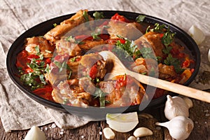 Chicken stew with a tomato, onion and pepper close-up. horizonta photo
