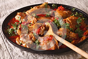 Chicken stew with vegetables and spices - chakhokhbili close-up. photo