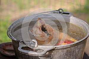 Chicken sticks out of the pan with hot broth as a symbol of the collapse of hopes, bummer, the end of life, irreparable troubl