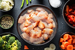 Chicken stir fry with vegetables and sesame.