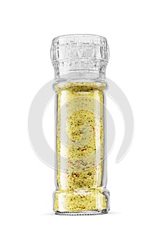 Chicken stock powder mill isolated on a white. Kitchen grinder. Front view of glass shaker