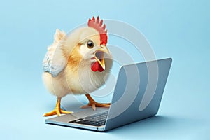 Chicken surprised with laptop isolated on solid bright blue background. ai generative