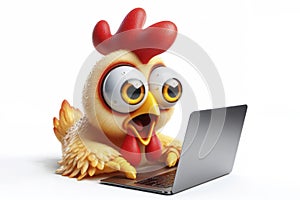 Chicken with surprised large bulging eyes with laptop isolated on solid white background. ai generative