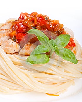 Chicken in sweet and sour sauce with pineapple and pasta