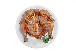 Chicken tabaka traditional Georgian dish white background top view isolated