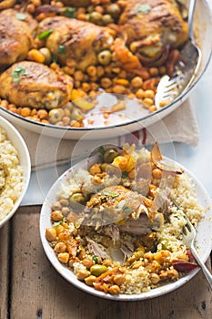 Chicken tagine casserole with olives, preserved lemons and chickpeas