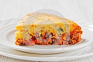 Chicken Tamale Pie on white plate, top view