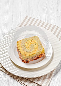 Chicken Tamale Pie on white plate, top view