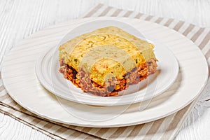 Chicken Tamale Pie on white plate, top view