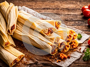 Chicken tamales wrapped in corn husks in a stack on a cutting board