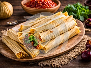 Chicken tamales wrapped in corn husks in a stack on a cutting board