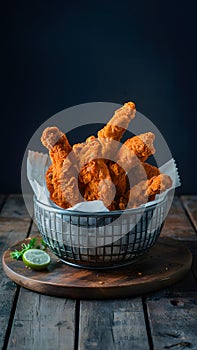 Chicken tenders in indoor studio, golden crispy goodness showcased photo