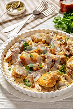 chicken thighs in a creamy mushroom garlic sauce