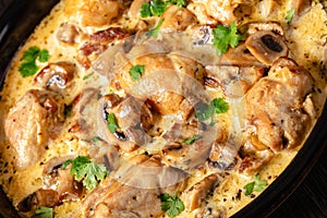 chicken thighs in a creamy mushroom garlic sauce