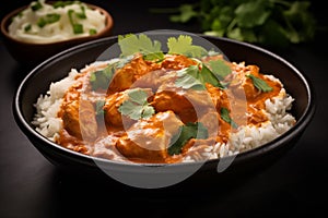 Chicken tikka masala with basmati rice on black background