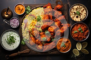 Chicken tikka masala chicken tikka, popular Indian food, Indian food feast with chicken tikka masala curry, tandoori chicken,