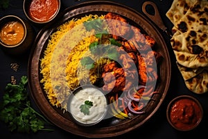 Chicken tikka masala or chicken tikka, popular Indian food, Indian food feast with chicken tikka masala curry, tandoori chicken,