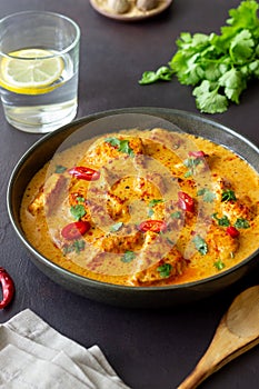 Chicken tikka masala curry with herbs and peppers. Indian food. National cuisine