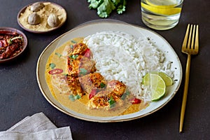 Chicken tikka masala curry with rice, herbs and peppers. Indian food. National cuisine