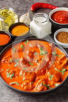 Chicken tikka masala is a dish consisting of roasted marinated chicken chunks in a spiced creamy sauce closeup on the plate.