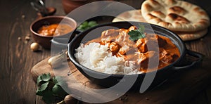 Chicken tikka masala spicy curry meat food in a clay plate with rice and naan bread on wooden background. Generative AI