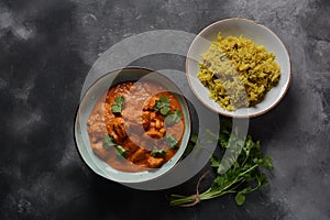 Chicken Tikka Masala- traditional Indian British dish. Chicken with curry, turmeric.