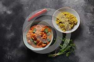 Chicken Tikka Masala- traditional Indian British dish. Chicken with curry, turmeric.