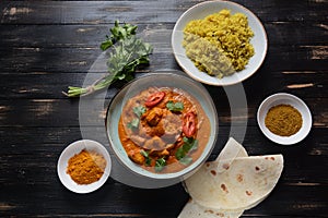 Chicken Tikka Masala- traditional Indian British dish. Chicken with curry, turmeric.