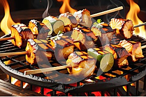 Chicken tikka sizzling on an open flame grill close-up view capturing the charred edges focus