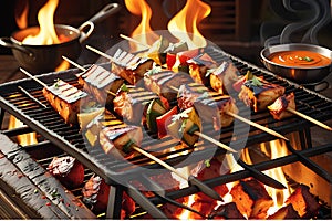 Chicken tikka sizzling on an open flame grill close-up view capturing the charred edges focus