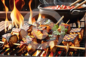 Chicken tikka sizzling on an open flame grill close-up view capturing the charred edges focus