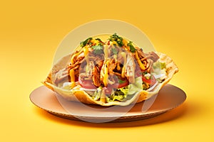 Chicken Tostada tasty fast food street food for take away on yellow background
