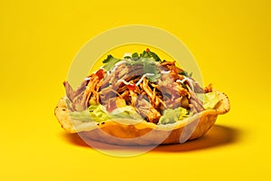 Chicken Tostada tasty fast food street food for take away on yellow background