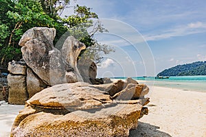 Chicken and Turtle rocks on the beach of Mu Ko Surin Thailand.