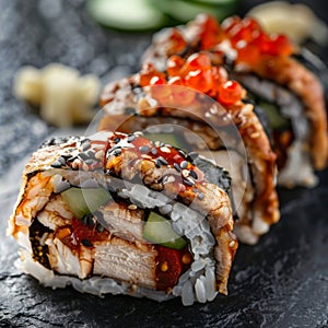 Chicken Uramaki Sushi with Bacon, Processed Cheese, Tomato, Green Onion, Black and White