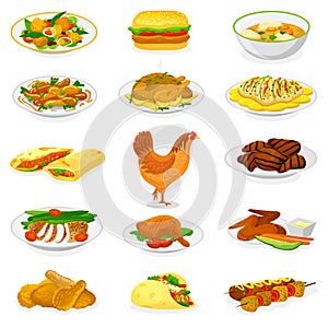 Chicken vector cartoon chick character hen and food chicken-wings with fried potatoes and barbecue meat for dinner