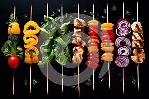 Chicken And Vegetable Kabobs Aesthetically On A Black Background. Generative AI