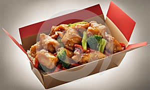 chicken and vegetables with sweet and sour sauce in a cardboard box, chinese takeaway