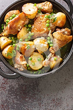 Chicken Vesuvio is a classic Italian-American dish for baked chicken with potatoes, peas, white wine sauce, and seasonings close-