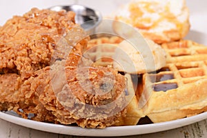 Chicken and Waffles with a biscuit