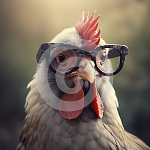 Chicken wearing glasses. Funny image of a chicken in spectacles. AI generated.